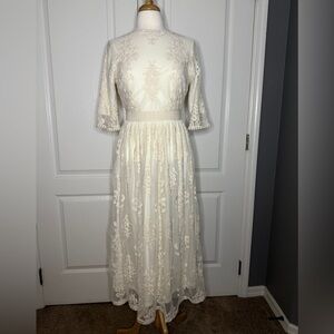 Pink Ripple Ivory Lace Midi Dress – Size Large tag (fit is closer to size 6-8 )
